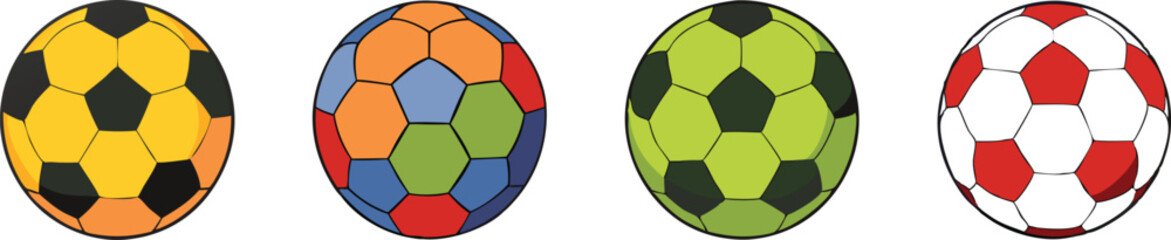 Four unique and colorfully designed cartoon soccer balls in a row