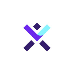 A bold and abstract logo featuring a teal and purple inverted 