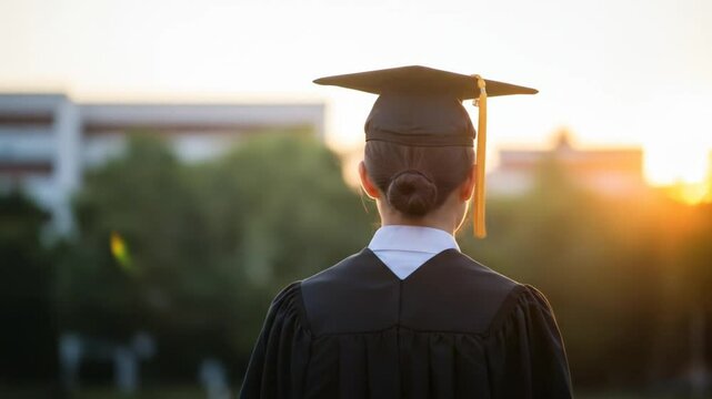 Graduate Wearing Gown Looking at Sunset on Campus Field
