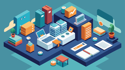 Obraz premium Isometric illustration of a modern office space with computers and office supplies on a blue platform