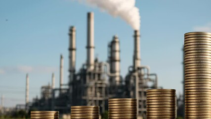 Business carbon credit. Stack of coins with industrial factory smoke pollution symbolizing economic growth and impact on economy and environment growth - Powered by Adobe