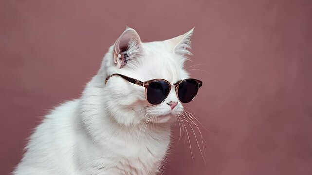 White cat wearing sunglasses against a mauve background