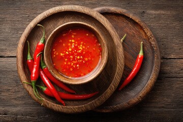 Overhead view of vibrant red chili sauce in a small wooden bowl, nestled on a larger wooden platter, surrounded by fresh red chilies on a dark wooden surface