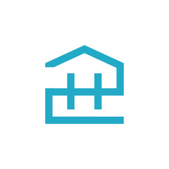 A simple, linear logo in blue, forming the outline of a house with internal lines suggesting a stylized 