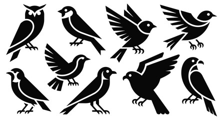 Nine Black Silhouette Birds Owl Sparrow Designs silhouettes
