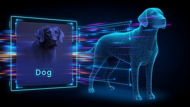 Concepts of Convolutional Neural Networks (CNNs). Futuristic Digital Representation of Dog with Holographic Effect, Glowing Outline, and Vibrant Light Trails Showcasing Technology and Animal Imagery