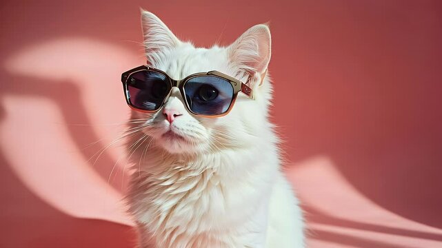 White cat wearing sunglasses against a pink background (1)