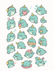 Cute Kawaii Narwhal Stickers – Adorable Cartoon Sea Unicorns © naydesignsco