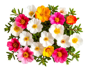 Top View of Colorful Portulaca Grandiflora Flowers Cluster with Green Foliage, Transparent PNG