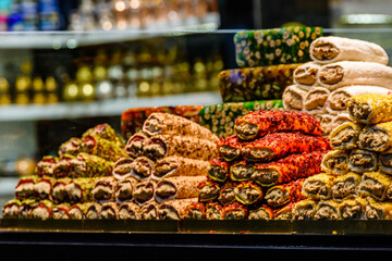 Turkish delight and different sweets for sale at the bazaar in Turkey