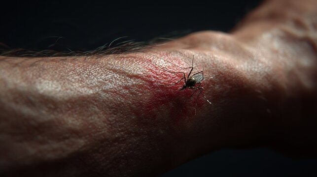 Realistic macro shot of a mosquito biting human forearm, highlighting blood-sucking detail and disease transmission risk through visible insect anatomy