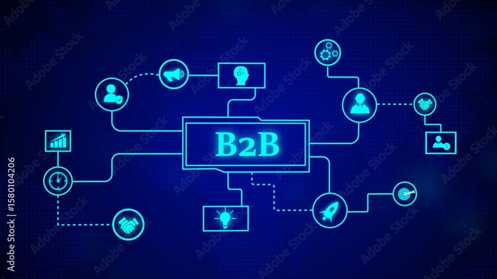 Poster digital b2b business marketing concept visualization with networking icons on a blue background depi