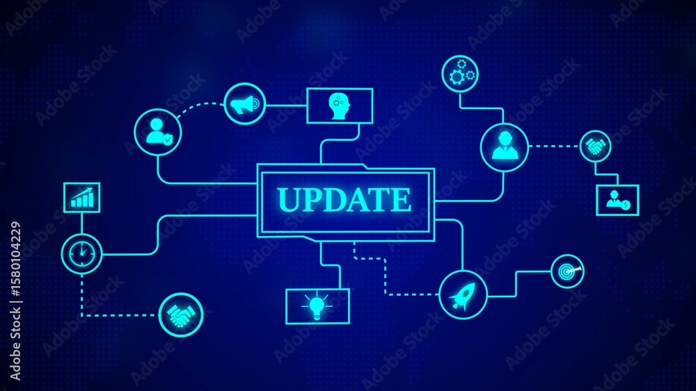 Poster conceptual illustration of an update process depicting networked elements in a digital environment r