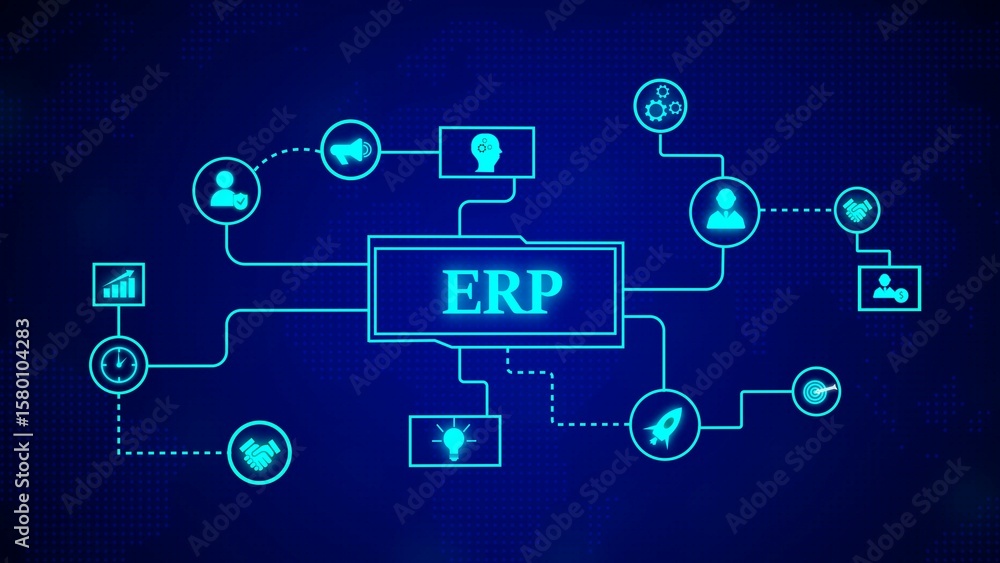 Poster visual representation of enterprise resource planning showing the connected systems for businesses t