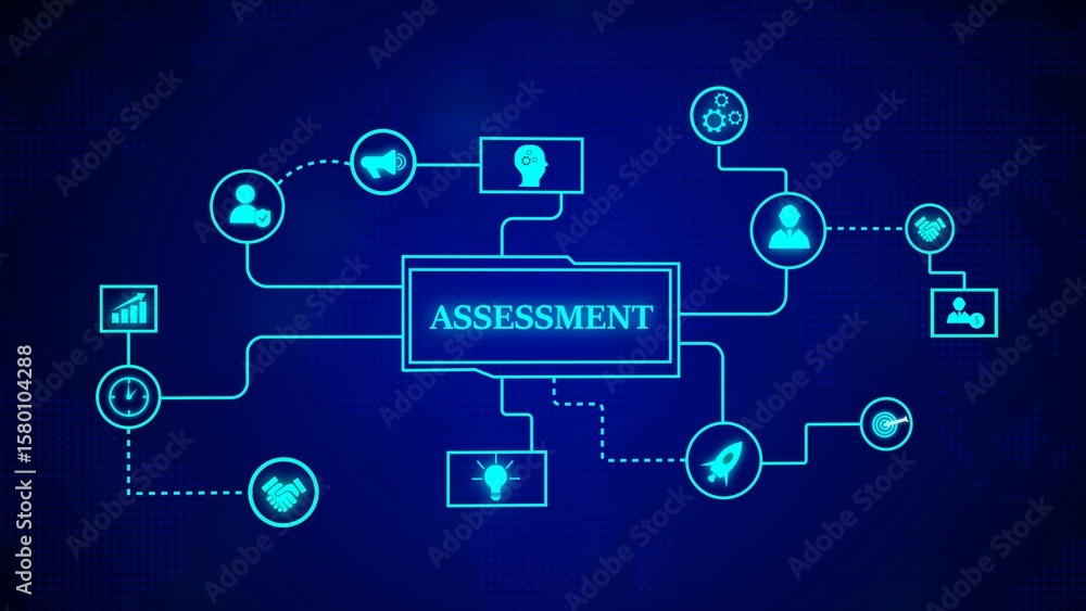 Poster conceptual diagram of assessment process with linked icons showing interconnected ideas and business