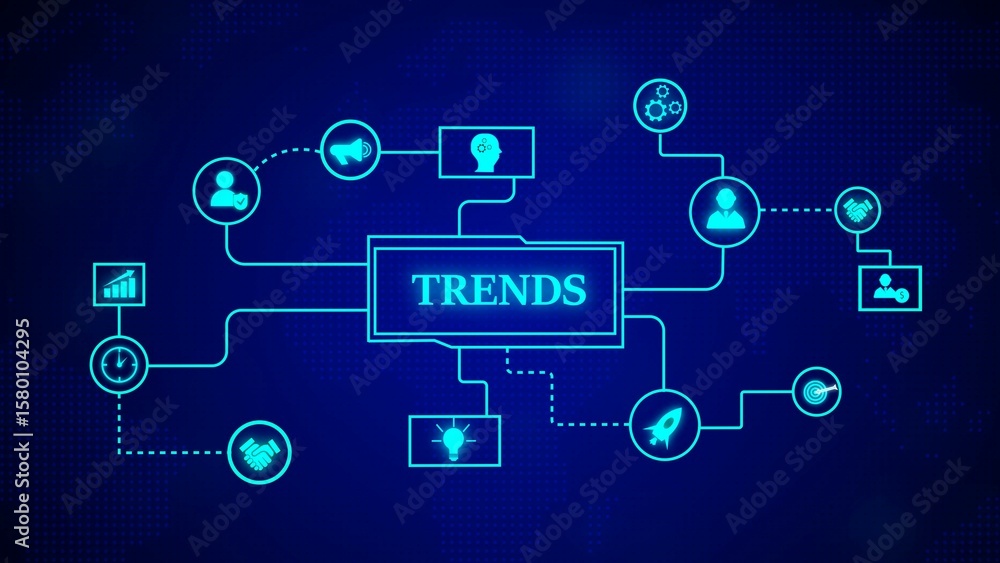 Poster a blue futuristic digital infographic visualizing business market trends and related concepts connec