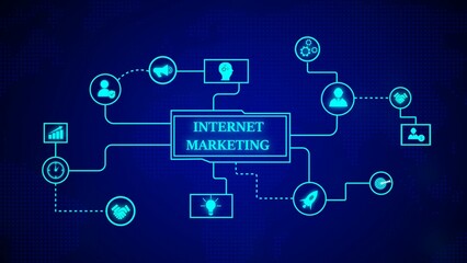 Digital internet marketing strategy plan depicted in a blue futuristic network with various icons and concepts for business promotion