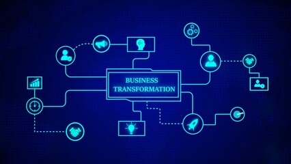 Business transformation concept illustrating various aspects of strategy development and organizational change on a blue background
