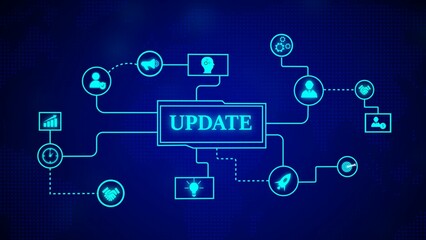 Conceptual illustration of an update process depicting networked elements in a digital environment representing communication growth and progress