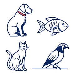 Set of four stylized animal icons including a dog cat fish and bird