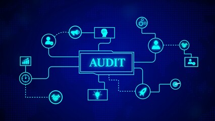Digital audit concept illustrating connected ideas of business strategy financial analysis and performance review on a dark blue background with futuristic design