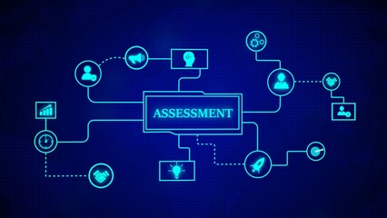 Conceptual diagram of assessment process with linked icons showing interconnected ideas and business concepts on a digital blue background