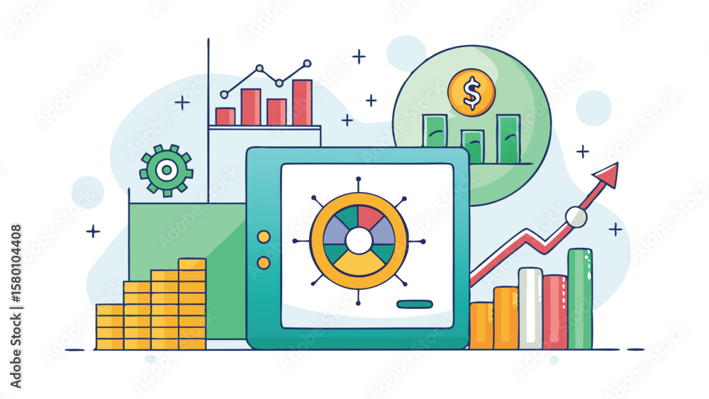Poster illustration of financial growth with bar graphs, coin stacks, and a data pie chart on a secure devi
