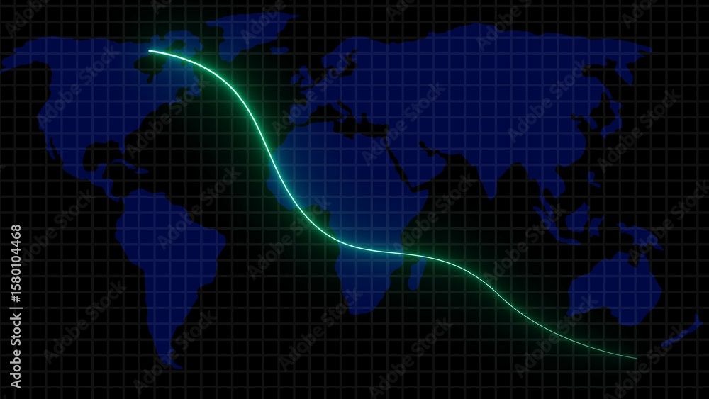 Poster a visualized downward trend represented by a curved green line on a world map signifying global econ