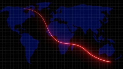 Global economic downturn conceptual representation with a red line depicting a decline over a dark blue world map with a grid