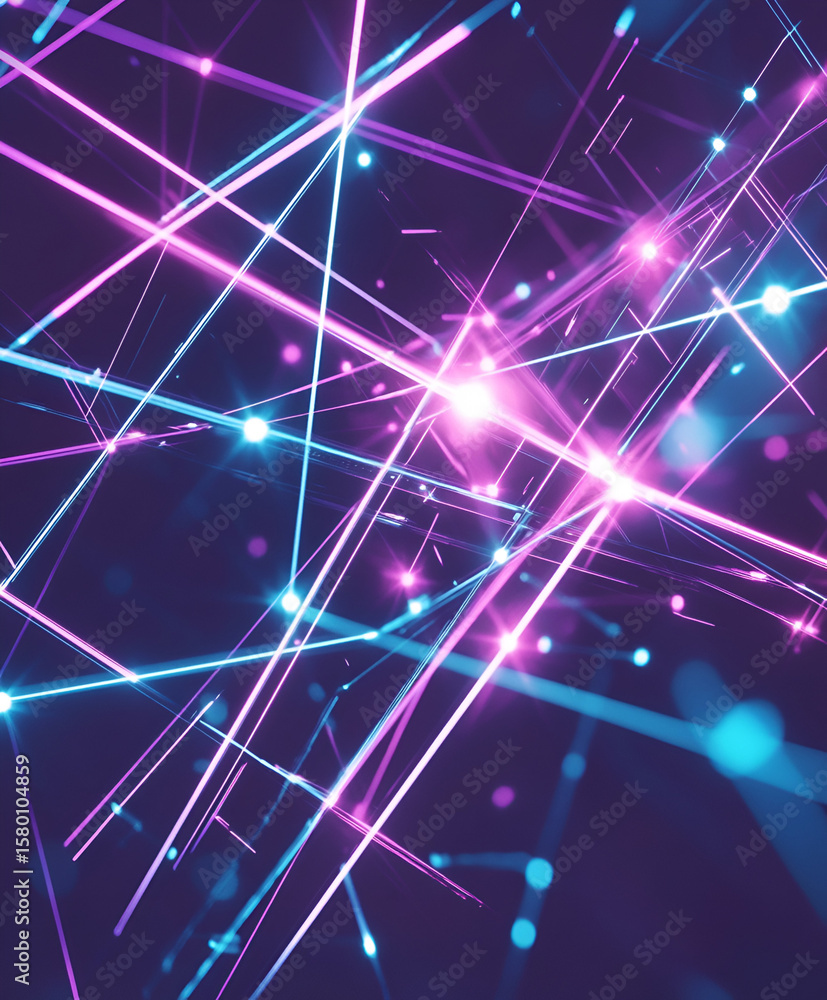 Poster abstract neon light streaks intersect, creating a vibrant, dynamic network of glowing lines and poin