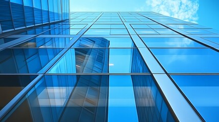 Obraz premium Sleek Urban Office Building with Glass Facade Reflecting Sky and City in Vibrant District