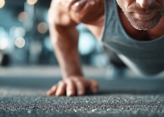 Fitness enthusiast performing push-ups in a modern gym during afternoon workout session focusing on strength training and core fitness