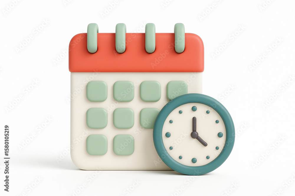 Poster 3d render of a calendar with a clock on a white background, representing time management and schedul