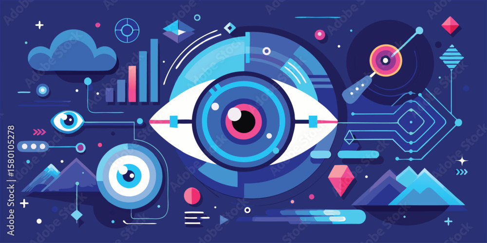 Poster abstract eye with geometric shapes and data visualization elements on a dark blue background design 