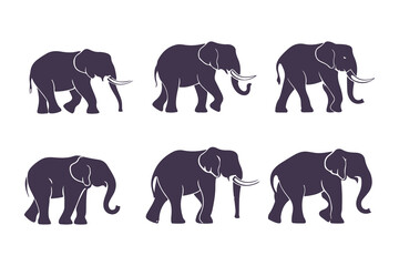  Set of Elephant Silhouettes Vector Illustration. Collection of Walking Safari Animals. Wildlife Mammal Icons Isolated on White Background.