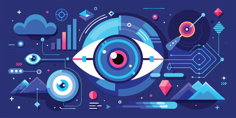 Obraz premium Abstract eye with geometric shapes and data visualization elements on a dark blue background design style