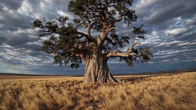 Giant baobab rises from endless veld, wind slides across roots as giant baobab casts long shadow, dusk light crowns giant baobab strength. Concept timeless nature