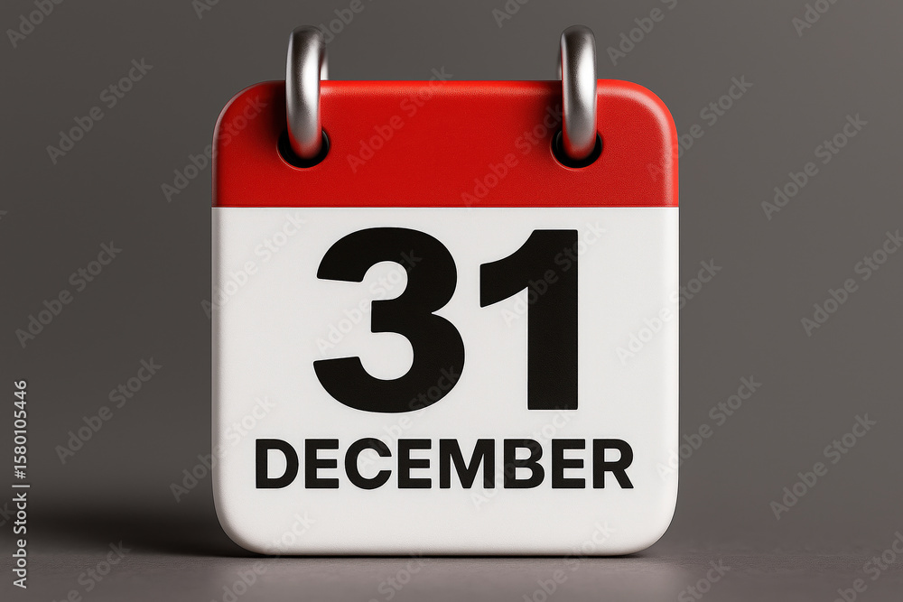 Poster 3d render of december 31st calendar page with red and white design marking end of year on gray surfa