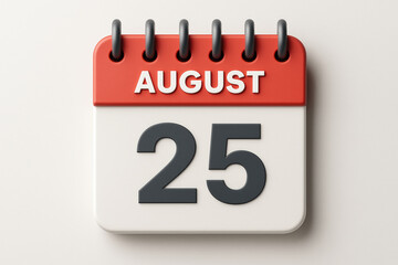 Fototapeta premium 3D Rendered August 25th Calendar Icon with Red Top and Black Rings on a White Background for Schedule and Planning