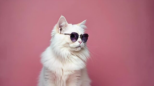 White cat wearing sunglasses against a pink background