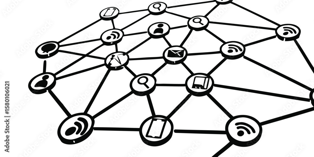 Poster illustration of a network of interconnected icons representing communication and technology themes