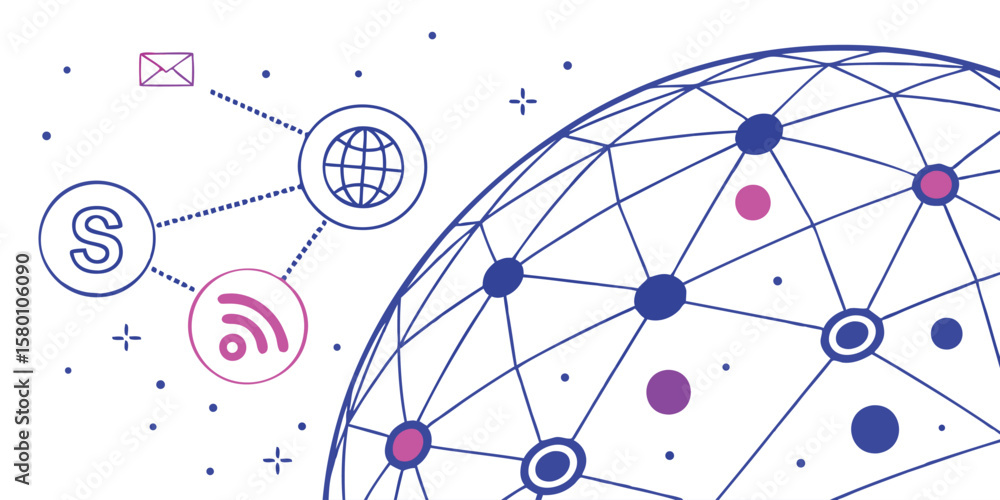 Aufkleber illustration of a global network with connected icons representing communication and technology serv