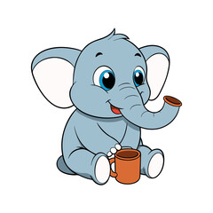Cute cartoon baby elephant holding a cup. Adorable sitting animal character mascot. Vector illustration isolated on white for kids' design.