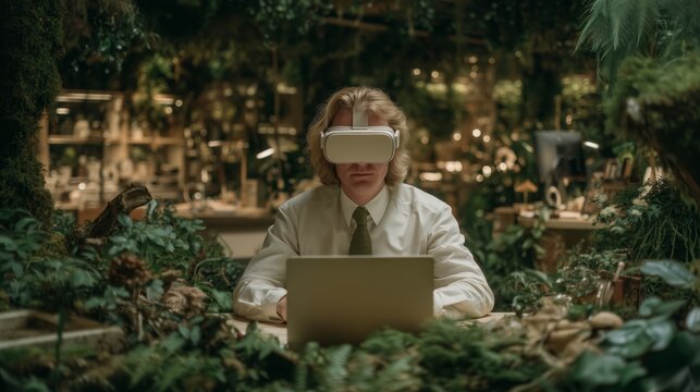 Man wearing VR headset working on laptop in lush green office filled with plants, blending technology with sustainable workspace