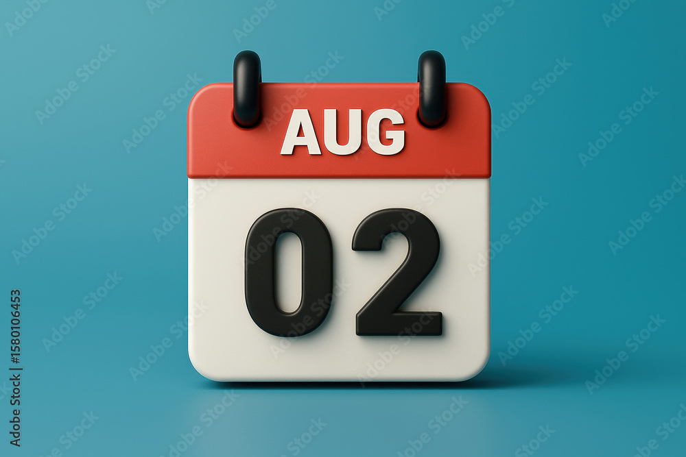 Poster a 3d render of a red and white calendar displaying august 2nd on a blue background, ideal for schedu