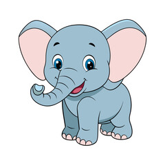 Cute cartoon baby elephant. Adorable smiling animal character illustration for kids. Vector graphic isolated on white background.