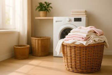 Cozy laundry room with wicker basket of towels on wood floor beside bright window and white washing machine