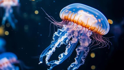 A jellyfish is swimming in the ocean. The jellyfish is blue and orange