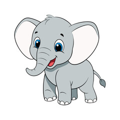 Cute cartoon baby elephant. Adorable smiling animal character illustration for kids. Vector graphic isolated on white background.
