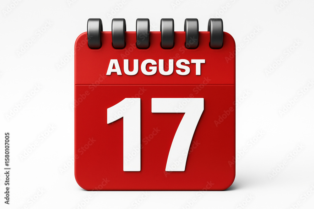 Poster august 17th calendar page depicting date reminder for schedules and planning in a 3d rendering style